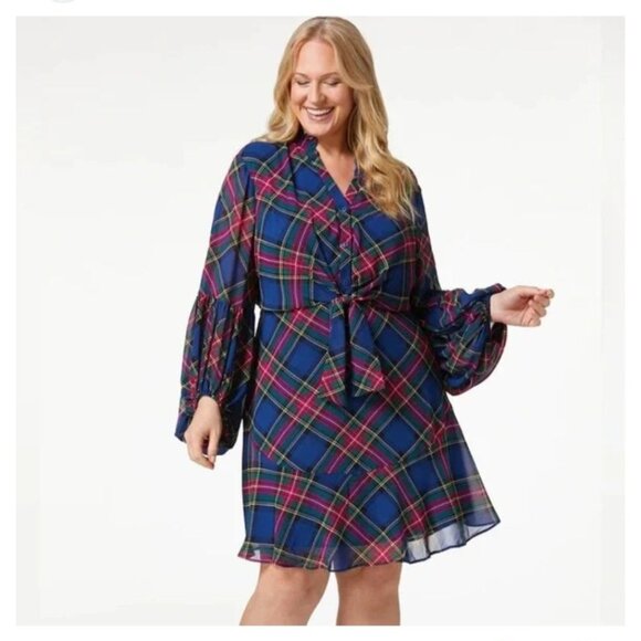 New! CATO Size Xl Blue Pink Berry Plaid Ruffle Neck Tie Waist Sheer Long Sleeve - Picture 1 of 8